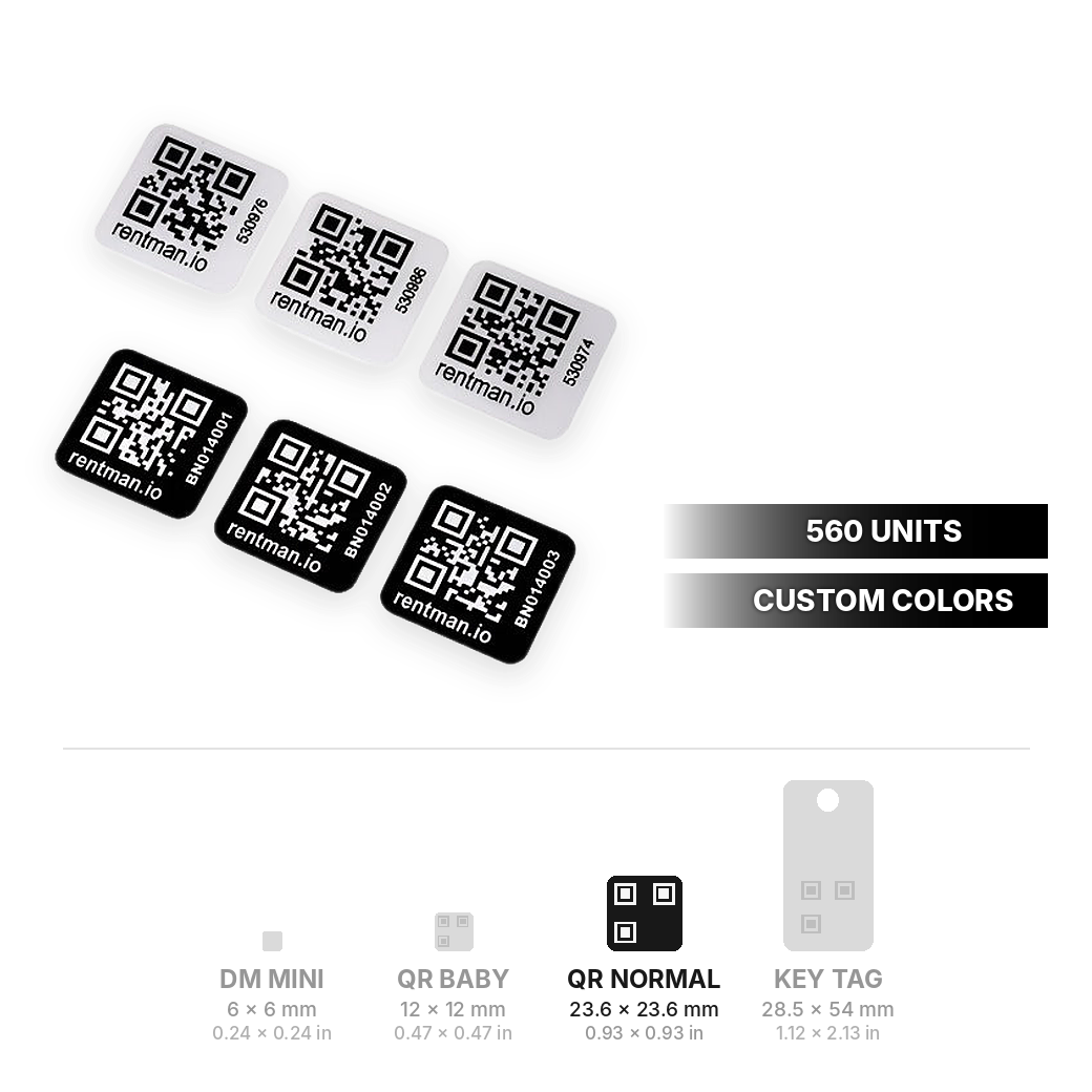 Custom QR Code Normal stickers 23.6 x 23.6 mm (0.93 x 0.93 in), 560 units, with QR and DataMatrix size range
