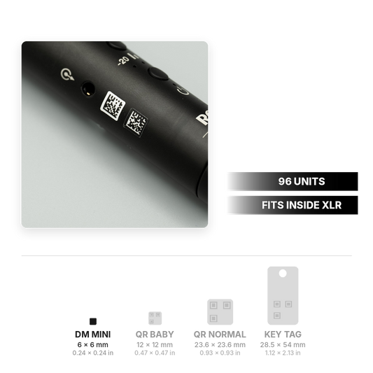 DataMatrix Code Mini 6 x 6 mm (0.24 x 0.24 in) on a microphone, 96 units, with QR and DataMatrix size range