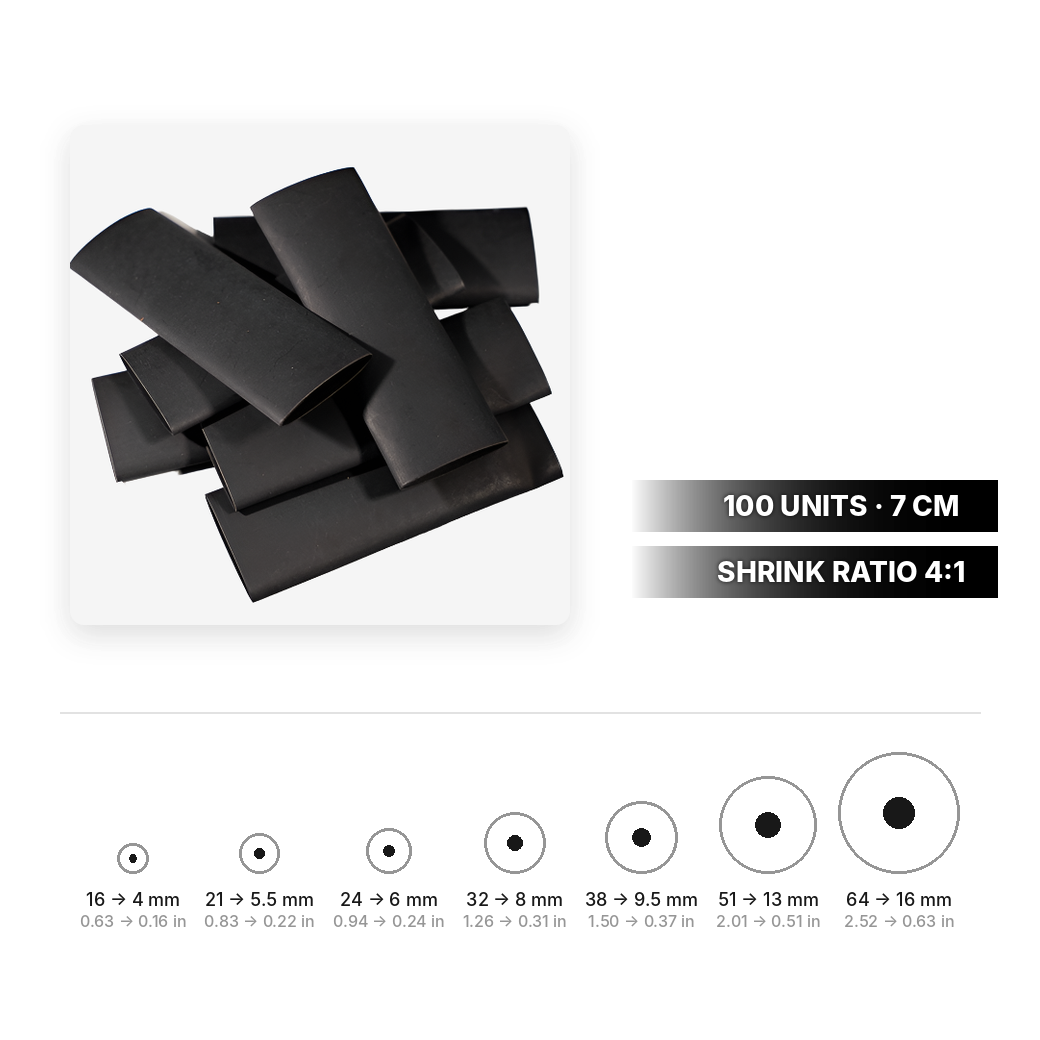 Black heat shrink tubing, 4:1 shrink ratio, 100 units of 7 cm, sizes 16 to 64 mm