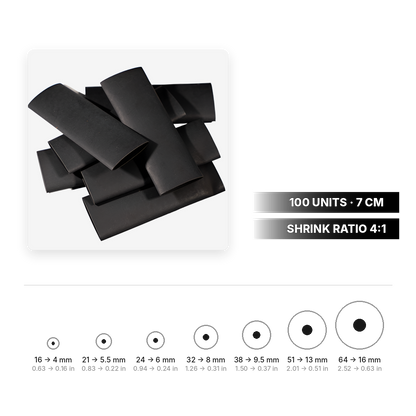 Black heat shrink tubing, 4:1 shrink ratio, 100 units of 7 cm, sizes 16 to 64 mm
