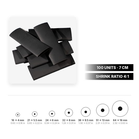 Black heat shrink tubing, 4:1 shrink ratio, 100 units of 7 cm, sizes 16 to 64 mm
