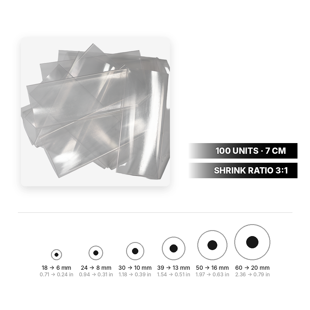 Transparent heat shrink tubing, 3:1 shrink ratio, 100 units of 7 cm, sizes 18 to 60 mm