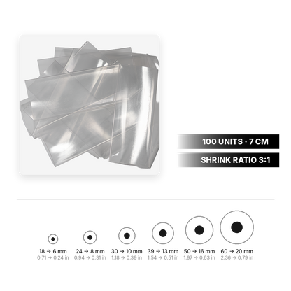 Transparent heat shrink tubing, 3:1 shrink ratio, 100 units of 7 cm, sizes 18 to 60 mm