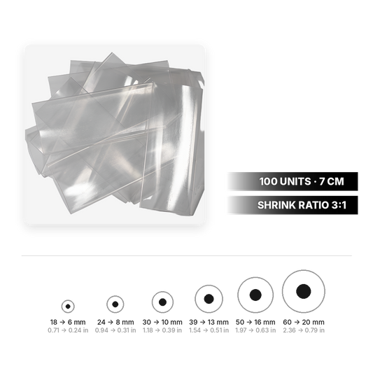 Transparent heat shrink tubing, 3:1 shrink ratio, 100 units of 7 cm, sizes 18 to 60 mm
