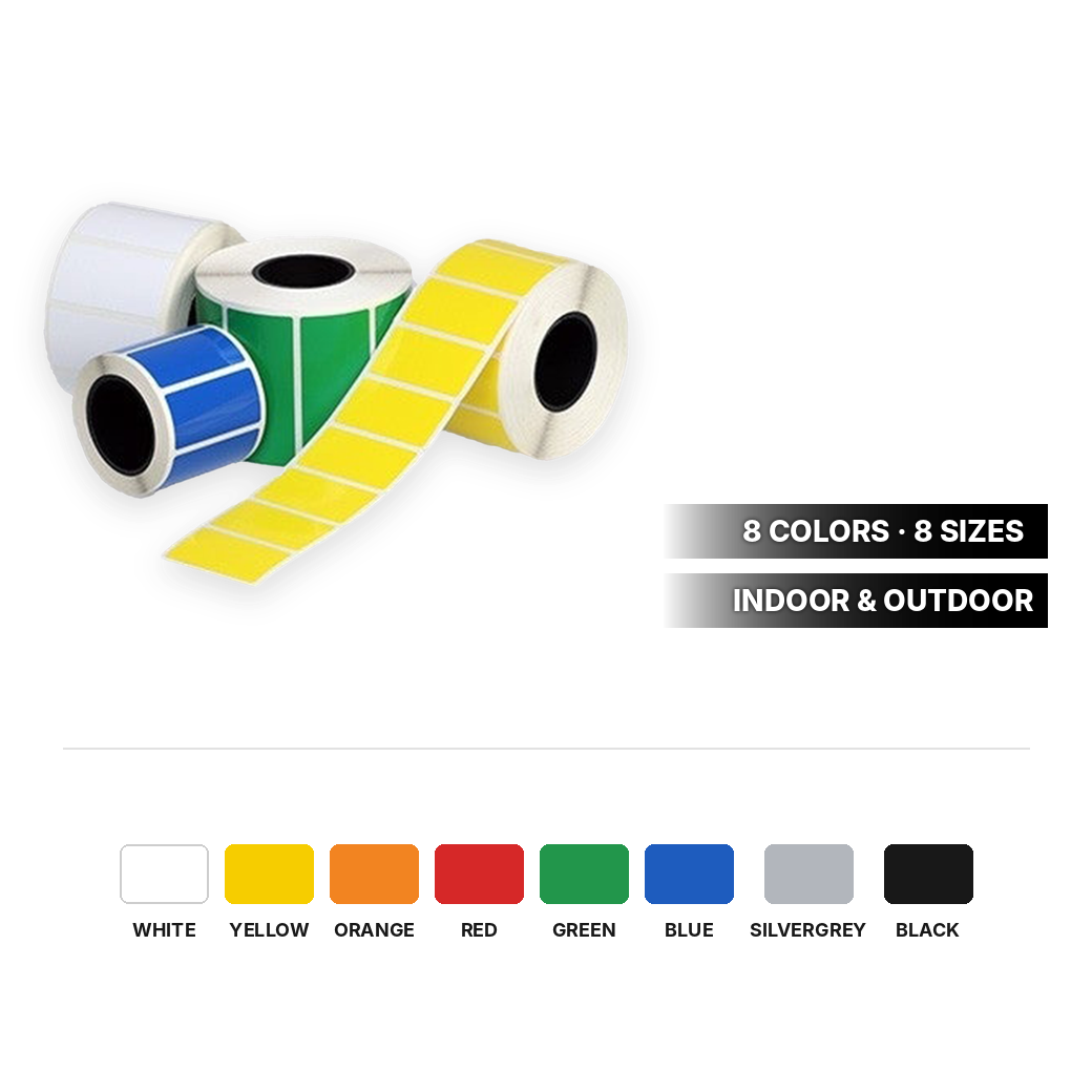 Industrial label rolls in 8 colors and 8 sizes for indoor and outdoor use