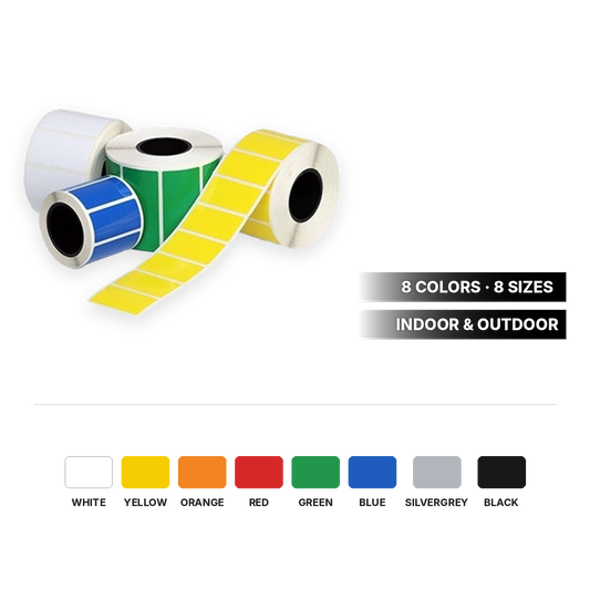 Industrial label rolls in 8 colors and 8 sizes for indoor and outdoor use