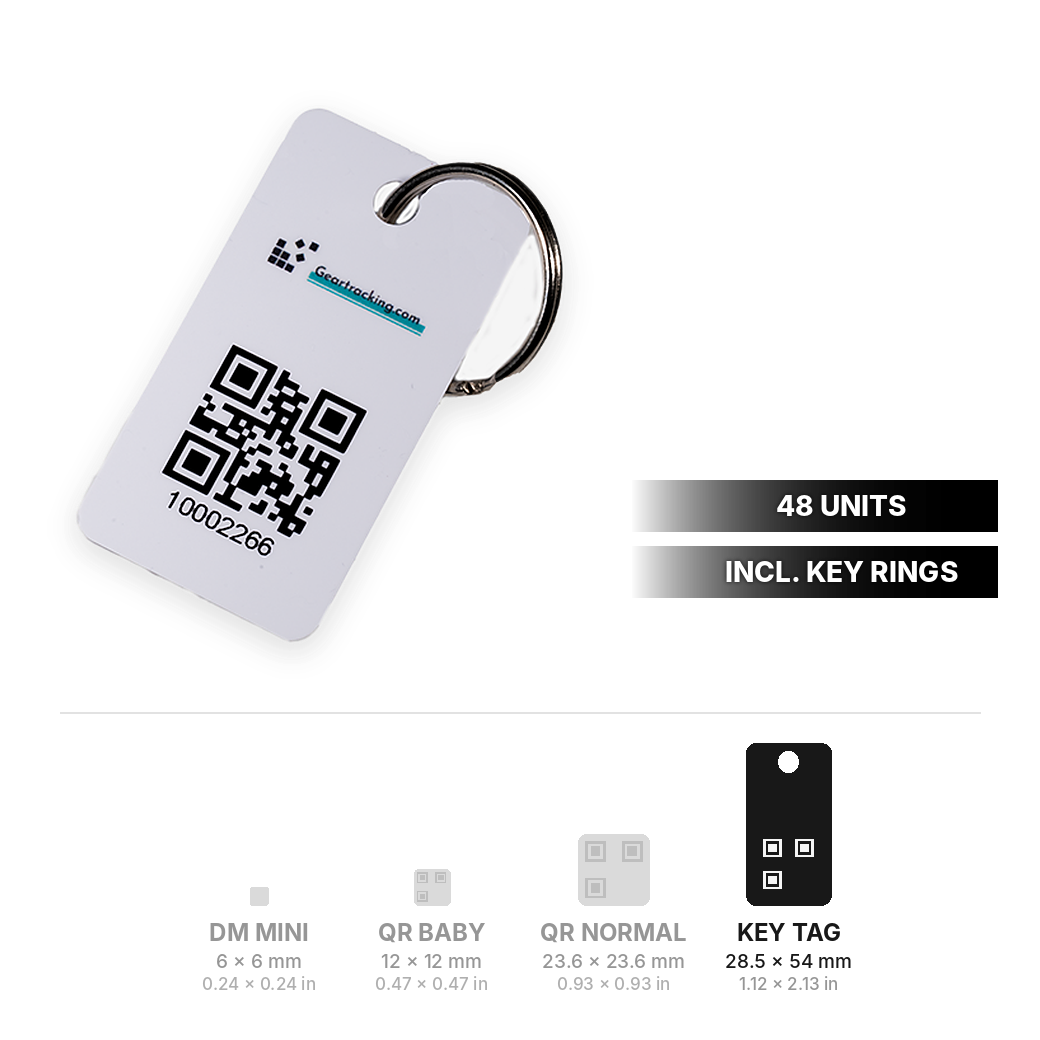 Key tag card with QR code 54 x 28.5 mm (2.13 x 1.12 in) and key ring, 48 units