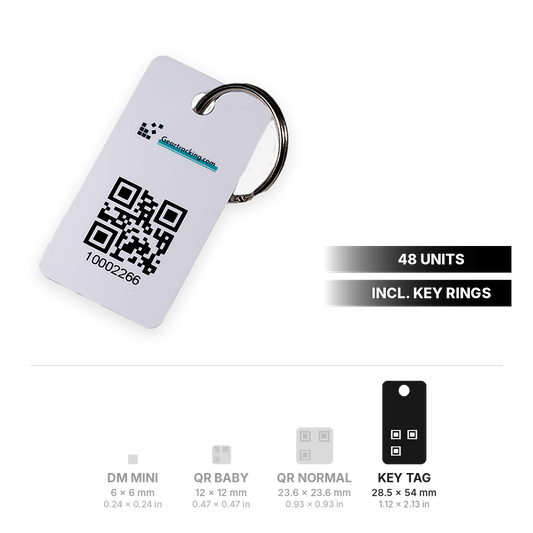 Key tag card with QR code 54 x 28.5 mm (2.13 x 1.12 in) and key ring, 48 units