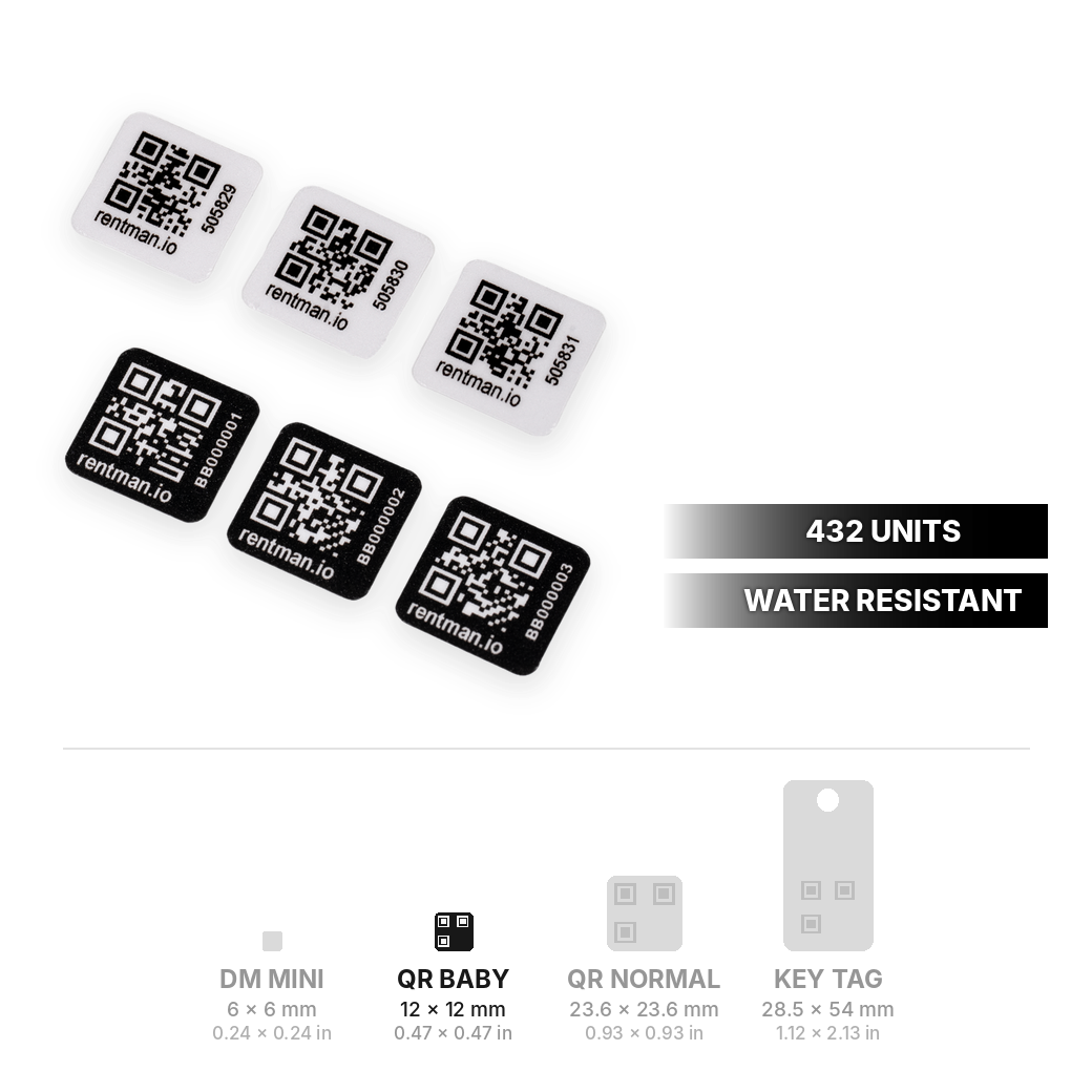 QR Code Baby stickers 12 x 12 mm (0.47 x 0.47 in), 432 units, with QR and DataMatrix size range