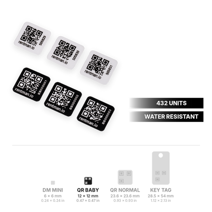 QR Code Baby stickers 12 x 12 mm (0.47 x 0.47 in), 432 units, with QR and DataMatrix size range