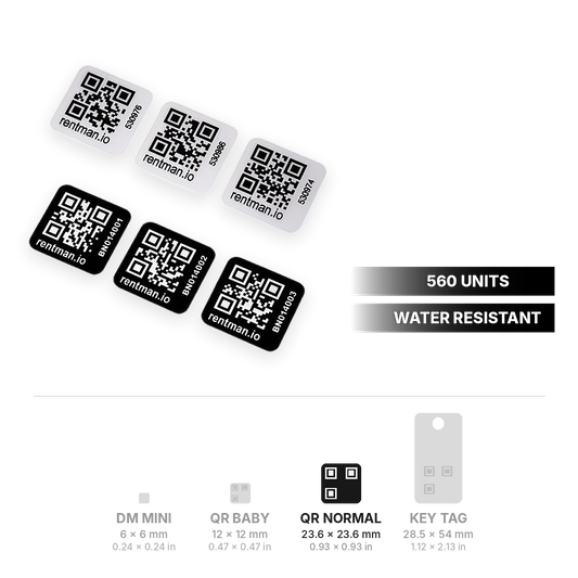 QR Code Normal stickers 23.6 x 23.6 mm (0.93 x 0.93 in), 560 units, with QR and DataMatrix size range