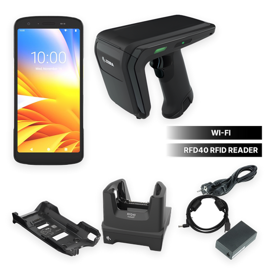 Zebra TC22 with RFD40 RFID reader, adapter plate and charging cradle
