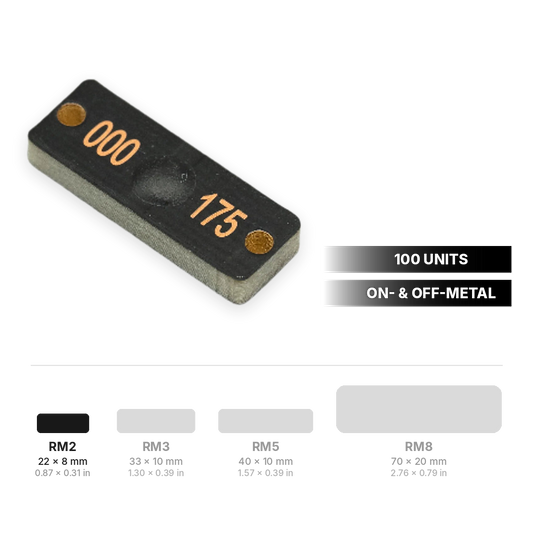 RM2 RFID hardtag 22 x 8 mm (0.87 x 0.31 in), 100 units, with RFID hardtag size range