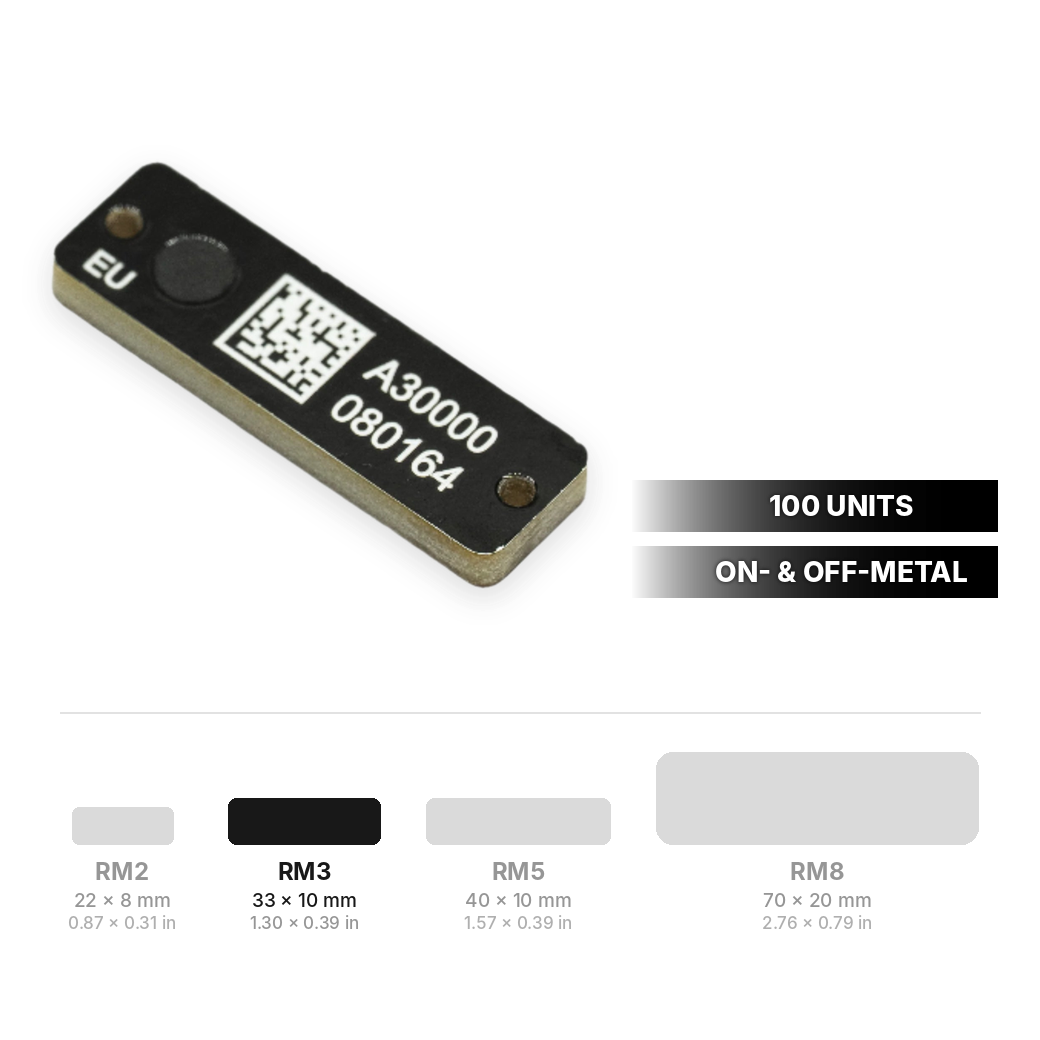 RM3 RFID hardtag 33 x 10 mm (1.30 x 0.39 in), 100 units, with RFID hardtag size range