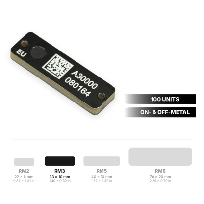 RM3 RFID hardtag 33 x 10 mm (1.30 x 0.39 in), 100 units, with RFID hardtag size range