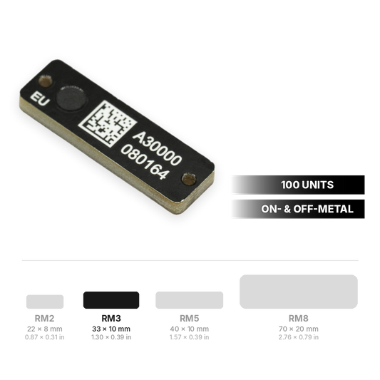 RM3 RFID hardtag 33 x 10 mm (1.30 x 0.39 in), 100 units, with RFID hardtag size range