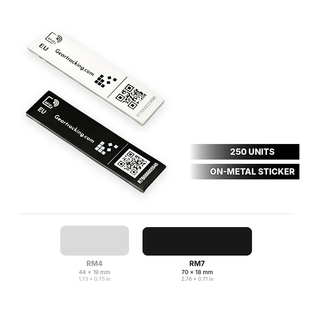 RM7 on-metal RFID sticker 70 x 18 mm (2.76 x 0.71 in) in white and black, 250 units