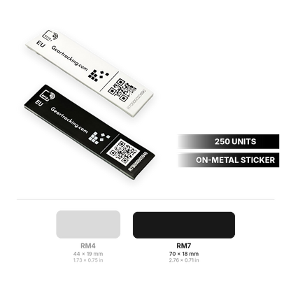 RM7 on-metal RFID sticker 70 x 18 mm (2.76 x 0.71 in) in white and black, 250 units