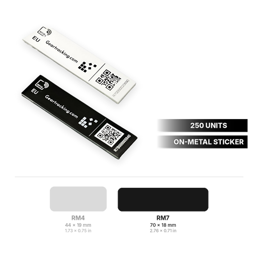 RM7 on-metal RFID sticker 70 x 18 mm (2.76 x 0.71 in) in white and black, 250 units