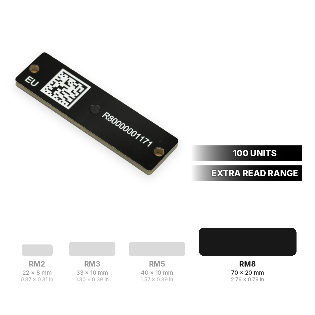 RM8 RFID hardtag 70 x 20 mm (2.76 x 0.79 in) with extra read range, 100 units