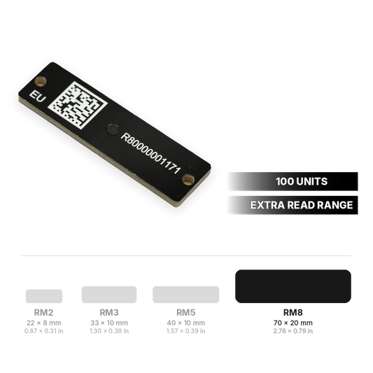 RM8 RFID hardtag 70 x 20 mm (2.76 x 0.79 in) with extra read range, 100 units