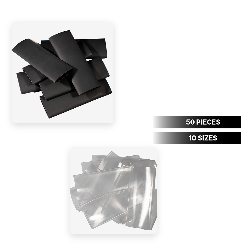Heat shrink sample pack, 50 pieces in 10 sizes, black and transparent