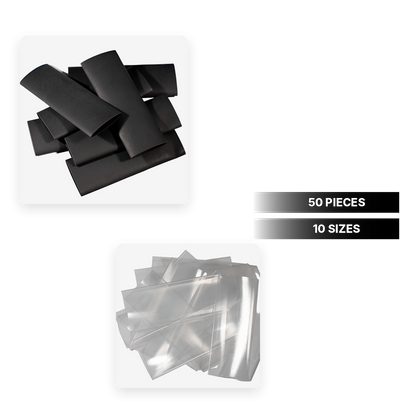 Heat shrink sample pack, 50 pieces in 10 sizes, black and transparent