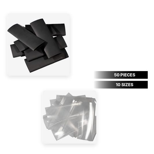 Heat shrink sample pack, 50 pieces in 10 sizes, black and transparent