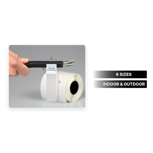 Wrap labels for cables in 6 sizes, for indoor and outdoor use