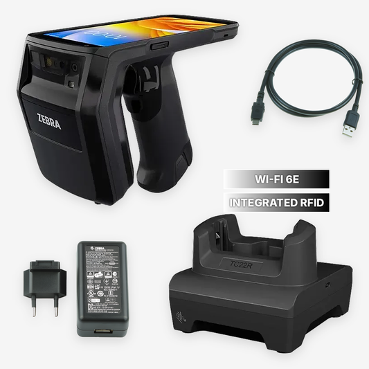 Zebra TC22R with built-in RFID reader, charging cradle and power adapter